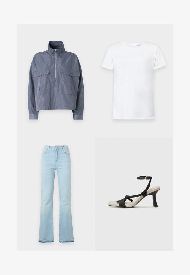 Lühendatud sinine jakk kergest, läikivast materjalist, kõrge krae, pool tõmblukk ees ja kaks klapiga taskut rinna peal.; Valge lühikeste varrukatega T-särk, valmistatud puuvillast, ümmarguse kaelusega. Sile tekstuur ja sirge lõige, ilma mustrite või aktsentideta.; Heledad helesinised teksad, mis on valmistatud denimist, kõrge vöökohaga, esikottidega ning toore äärtega sääreosas, et luua lõdvestunud välimus.; Mustad musta kontsaga sandaal, millel on punutud rihma disain, ruudukujuline varvas ja reguleeritav pahkluu rihm. Heleda beeži värvi jalapadi ja läikiv must konts.