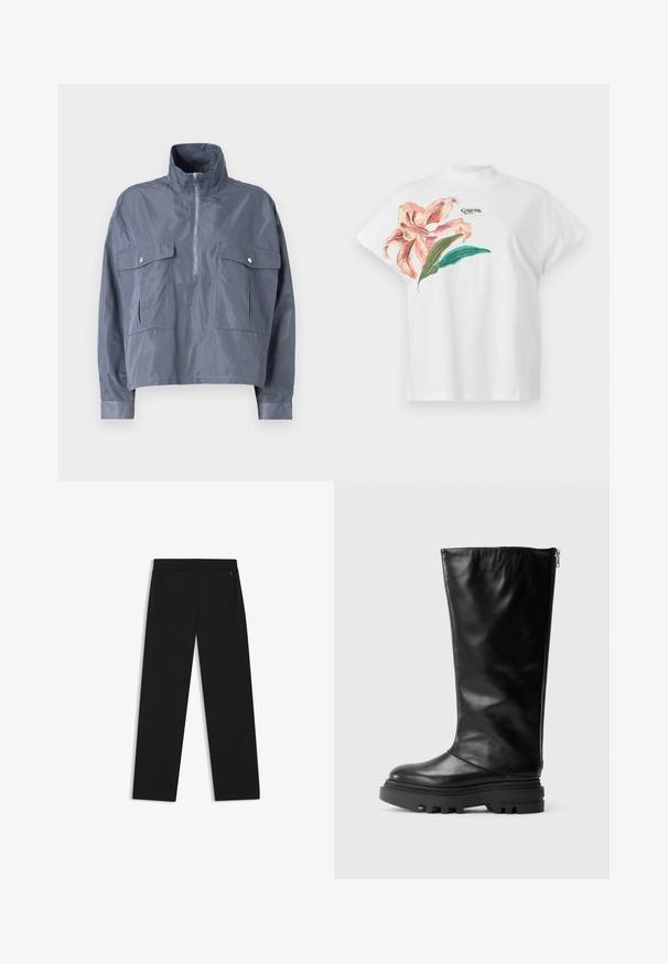 Forkortet blå jakke i et let, skinnende materiale med høj krave, halvlynlås fortil og to klaplommer på brystet.; Hvid bomulds T-shirt med korte ærmer, prydet med et pink blomsterdesign og grønne blade på venstre side. "Guess" logo i grå over designet.; Sorte brede bukser lavet af glat stof, med sidelommer og en flad foran talje for et strømlinet udseende.; Sort læder knæhøj støvle med en rund tå, kraftig gummisål og en lynlås på siden til lukning. Glat tekstur med minimal detaljer.