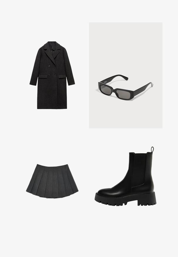 Mørkegrå uldfrakke med dobbeltradet design, spids krave, to forlommer og lange ærmer.; Striktrøje i mørkegrå med en oversized pasform, der har et geometrisk cremefarvet mønster af cirkler og rektangler. Design med høj hals.; Plisseret nederdel i mørkegrå, lavet af et tekstureret stof. Har en svungen silhuet med jævnt fordelt plisseringer og et fladt taljebånd.; Sort læder ankelstøvle med en struktureret sidepanel, rund tå og kraftig platform sål med et zigzag-dækmønster.; Sorte rektangulære solbriller med gråtonede linser, lavet af glat plastik. Har et minimalistisk design med lige arme og subtil branding.; Sort læder hobo taske med et afslappet design, bred skulderrem og glat tekstur. Har en enkelt lynlåslukning på siden.