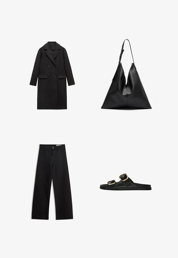 Dark gray wool coat with a double-breasted design, notched lapel, two front pockets, and full-length sleeves.; Gray sweatshirt made of soft fabric, featuring a crew neck, long sleeves with elastic cuffs, and a relaxed fit. No patterns or accents.; Black wide-leg denim pants with a high waist, featuring front and back pockets, stitched seams, and a button closure. Smooth texture.; Black slide sandal with two gold buckle accents, smooth textured material, flat sole, and a minimalist design.; Black leather triangular handbag with a single adjustable shoulder strap and a soft, slightly slouched structure.