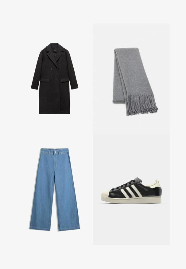 Palton din lână de culoare gri închis, cu un design cu dublu răscroie, rever încrețit, două buzunare frontale și mâneci lungi.; Pulover scurt, gri închis, cu mânecă scurtă și decolteu rotund, cu o croială lejeră și mâneci tip raglan, fabricat dintr-un material moale și texturat.; Jeans din denim de culoare albastră deschisă, cu croi larg, având închidere cu buton, bucle pentru brâu și detalii de cusătură subtile.; Sneaker din piele neagră cu dungi albe, vârf din cauciuc, șireturi negre și talpă de culoare crem. Textură netedă cu finisaj strălucitor.; Fular din lână gri cu o textură moale, având margini franjurate și un design simplu. Pliat cu grijă, scoțând în evidență forma sa alungită.