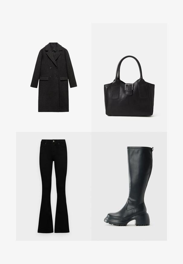 Palton din lână de culoare gri închis, cu un design cu dublu răscroie, rever încrețit, două buzunare frontale și mâneci lungi.; Tricou negru din bumbac cu mâneci scurte, având pe partea stângă a pieptului un mic grafic cu un fluture roz. Design cu guler rotund și croială lejeră.; Jeans negri cu talie înaltă, cu închidere prin nasture și fermoar, buzunare frontale și picioare evazate, așezați pe un fundal alb.; Cizme lungi din piele neagră cu talpă platformă masivă și tocul pătrat, având un tab de tragere și un model texturat pe talpa exterioară.; Geantă tote din piele neagră cu textură netedă, formă structurată, două mânere și un detaliu proeminent din aliaj de argint pe partea din față.