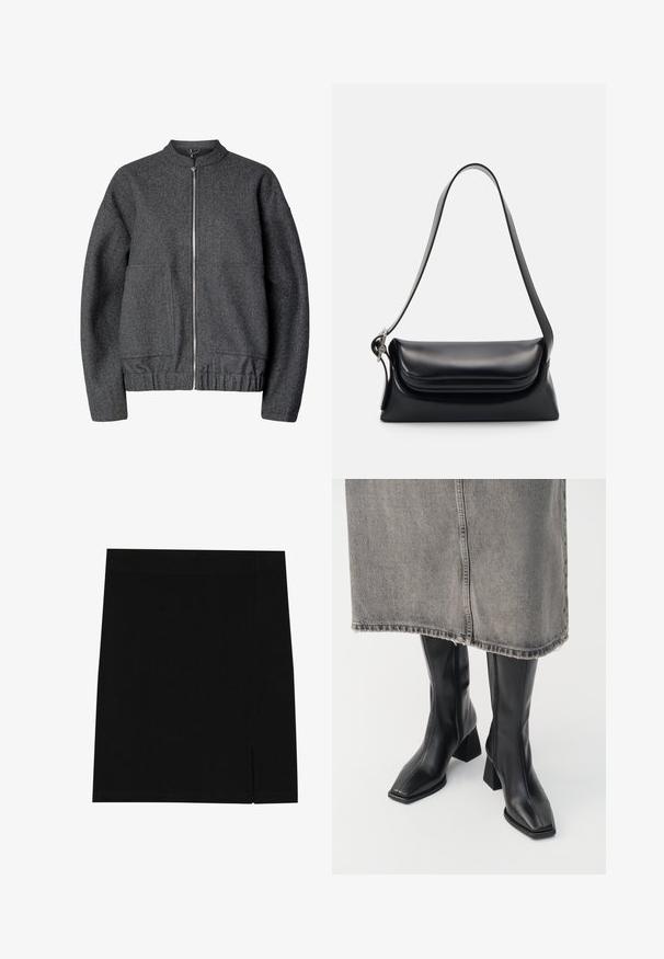 Šedá vlněná bomber bunda s kulatým límcem, předním zipovým zapínáním, dvěma bočními kapsami a elasticizovaným pasem a manžetami.; Olivově zelený pletený svetr s kulatým výstřihem, dlouhými rukávy a žebrovaným lemem. Má zkrácený střih a měkký, texturovaný povrch.; Černá mini sukně z jemné tkaniny s přiléhavým střihem, která má mírný rozparek na boku pro přidaný detail.; Černé kozačky do půli stehen z hladké kůže se čtveratou špičkou a blokovým podpatkem. Nosené s šedou džínovou sukní s třepeným lemem.; Černá kožená kabelka se strukturovaným tvarem, hladkým povrchem a jedním ramenním popruhem. Obsahuje jemně zaoblený design klopy.