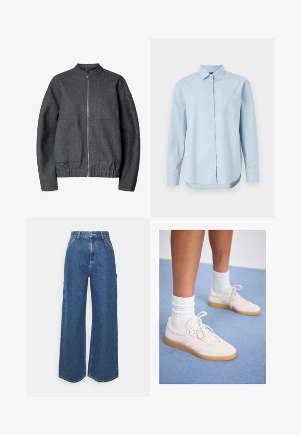 Chaqueta bomber de lana gris con cuello redondo, cierre frontal de cremallera, dos bolsillos laterales y puños y cintura elásticos.; Camisa de botones azul claro hecha de algodón, con un collar clásico, mangas largas, un bolsillo en el pecho y un dobladillo curvado.; Pantalones vaqueros de pierna ancha en azul con cintura alta, costuras en contraste y bolsillos laterales, que cuentan con un diseño clásico de cinco bolsillos y dobladillos sin rematar.; Zapatillas de ante blancas y rosas con tres rayas rosas, suela de goma color beige claro y calcetines blancos acanalados. Colocadas sobre una alfombra azul.