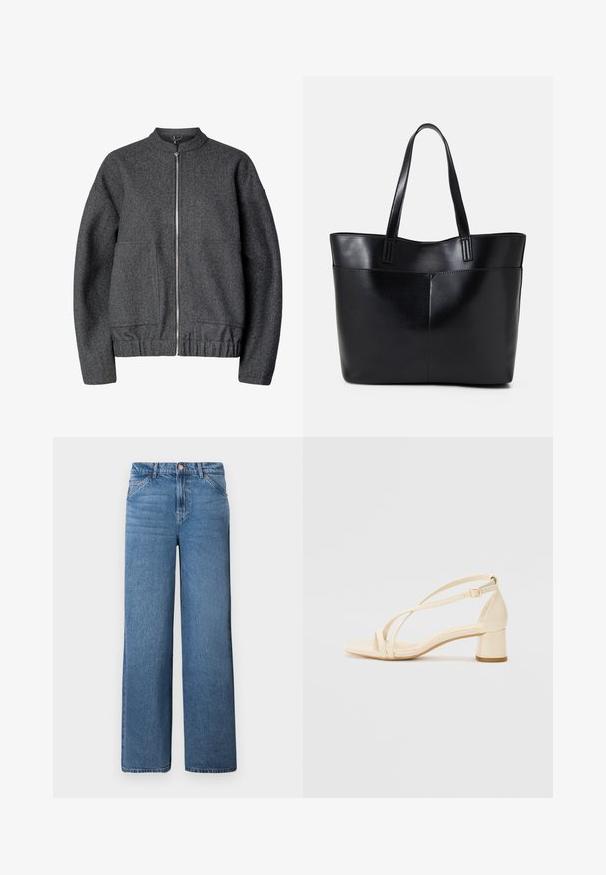 Pilkas vilnonis bombonešis su apvaliu apykakle, priekiniais užtrauktuko uždarymu, dviem šoninėm kišenėm ir elastinga juosmens bei rankogalių juosta.; Tamsiai mėlynas trumpas mezginys su raukšlėta tekstūra, trumpomis plačiomis rankovėmis ir apvaliu kaklu. Paprastas dizainas, be matomų raštų ar akcentų.; Šviesiai mėlyni plačių kojų džinsai su aukštu liemeniu, turintys paslėptą užtrauktuką ir mygtukų uždarymą, bei ryškius priekinės kišenės siūlus.; Bežiniai aukštakulniai sandalai su bloko kulnu, juostelių dizainu ir reguliuojama kulkšnies juostele, pagaminti iš lygaus sintetinės medžiagos su matinio paviršiaus apdaila.; Juoda odinė rankinė su dviem ilgais diržais, lygiu paviršiumi ir struktūrizuota forma. Yra priekinė kišenė papildomam saugojimui.