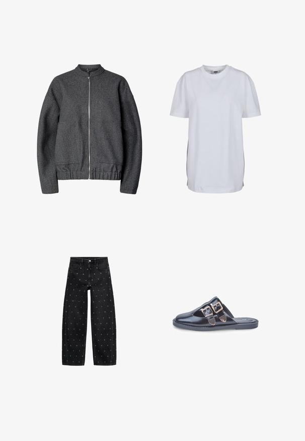 Grå uld bomberjakke med rund krave, lynlås foran, to sidelommer og elastisk talje og mansjetter.; Hvid kortærmet T-shirt lavet af bomuld, med rund hals og en afslappet pasform, uden synlige mønstre eller grafik.; Sorte denim bredbuks med et mønster af små sølvøjer, med et klassisk fem-lomme design og knaplukning foran.; Sort læder slip-on mule med spidse tæer og to gyldne spænder på overdelen, flad gummisål, fotograferet på hvid baggrund.