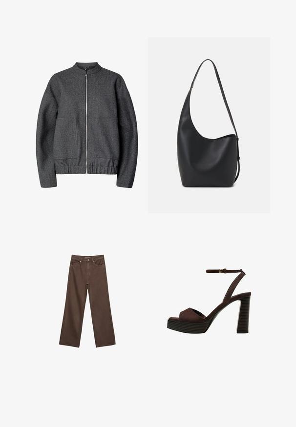 Grå uld bomberjakke med rund krave, lynlås foran, to sidelommer og elastisk talje og mansjetter.; Brun kortærmet t-shirt lavet af blødt stof, med rund halsudskæring og afslappet pasform. Ingen synlige mønstre eller detaljer.; Bredde ben brun denim jeans med høj talje, forlommer og klassisk knaplukning. Glat tekstur med diskret syninger.; Brune ruskinds højhælede sandal med åben tå, justerbar ankelrem og en stribet plade sål.; Sort læder hobo taske med en glat overflade, buet form og en enkelt justerbar rem; har en bred åbning øverst.