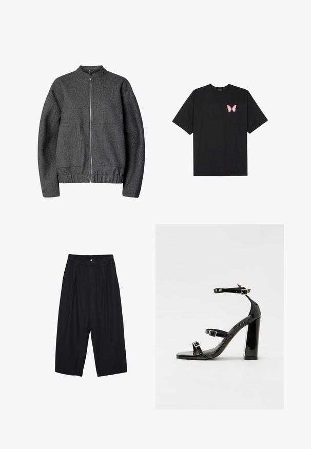 Siva volnena bomber jakna z okroglim ovratnikom, sprednjim zadrgo, dvema stranskima žepoma ter elastičnim pasom in manšetami.; Črna bombažna majica s kratkimi rokavi, ki ima majhen roza metuljček na levi strani prsnega dela. Majica s krožnim ovratnikom in sproščenim krojem.; Črne poliesterske culotte hlače z elastičnim pasom, dvema sprednjima nabiranjema in ohlapnim krojem. Brez vidnih vzorcev ali kovinskih detajlov.; Črne lakirane sandale s peto, kvadratnim prstom, trakovi okrog gležnja in srebrnimi zaponkami. Opremljene so s stabilno Debelo peto.