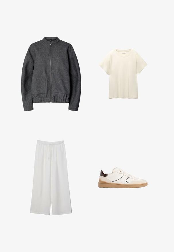 Siva volnena bomber jakna z okroglim ovratnikom, sprednjim zadrgo, dvema stranskima žepoma ter elastičnim pasom in manšetami.; Svetlo bež kratkosleeven majica s okroglim ovratnikom, izdelana iz mehke, gladke tkanine. Ima sproščen kroj in raven rob.; Bele široke hlače iz lahkega materiala, ki imajo elastičen pas in vrvico za prilagajanje. Gladka tekstura.; Stradivarius Športni copati - white