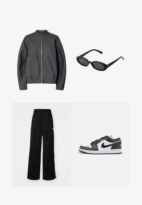 Giacca bomber in lana grigia con colletto rotondo, chiusura frontale con zip, due tasche laterali e vita e polsini elasticizzati.; T-shirt cropped bianco a maniche lunghe, realizzato in tessuto morbido, presenta un collo rotondo e una vestibilità rilassata con maniche a giro. Design semplice e pulito.; Pantaloni da tuta neri a gamba larga con vita elasticizzata, caratterizzati da strisce laterali bianche e un piccolo logo sull'anca sinistra. Tessuto liscio.; Le sneaker Nike a basso profilo in bianco e nero presentano una tomaia in pelle liscia, punta rotonda, chiusura con lacci e una suola in gomma con un motivo.; Occhiali da sole neri oversize con lenti ovali, montatura in plastica liscia e accenti dorati sulle tempie. Le lenti scure offrono protezione dal sole.