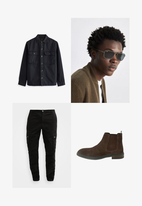 Navy sininen napillinen paita puuvillakankaasta, jossa on terävä kaulus, kaksi etutaskua läpillä ja ruskeat napit. Sileä rakenne.; Mustat poolokauluspusero, joka on valmistettu pehmeästä neulomateriaalista. Siinä on pitkät hihat, ribbireunus kauluksessa ja helmassa. Yksinkertainen, tyylikäs muotoilu ilman kuvioita.; Musta cargo-housut, jotka on valmistettu kestävästä kankaasta, sisältävät sivutaskut, napin sulkemisen ja slim fit -muotoilun. Silkkinen rakenne, jossa on minimaalinen yksityiskohtaisuus.; Marron mokasyn z cholewką za kostkę z elastycznymi panelami bocznymi, okrągłym noskiem i niskim, warstwowym obcasem. Charakteryzuje się detalami w postaci przeszyć wzdłuż podeszwy.; Aurinkolasit, joissa on hopeanvärinen metallikehys, aviator-muoto ja tummennetut linssit. Tyylitelty ribatulla ruskealla pommikankaisella takilla.