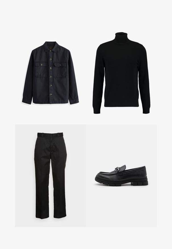 Navy Button-up-Hemd aus Baumwollstoff mit spitzem Kragen, zwei vorderen Taschen mit Klappen und braunen Knöpfen. Glatte Textur.; Schwarzer Rollkragenpullover aus weichem Strickmaterial. Mit langen Ärmeln, geripptem Kragen und Saum. Schlichtes, elegantes Design ohne Muster.; Schwarze Hose aus einem glatten Stoff, mit einem geraden Bein Design, Gürtelschlaufen und zwei Seiten Taschen. Klassischer Look ohne Verzierungen.; Schwarzer Lederloafer mit runder Zehenform, einem dekorativen Riemen und Hardware sowie einer robusten, strukturierten Sohle. Glatte Oberfläche mit dezenten Details.