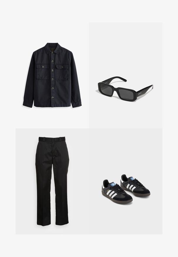 Navy Button-up-Hemd aus Baumwollstoff mit spitzem Kragen, zwei vorderen Taschen mit Klappen und braunen Knöpfen. Glatte Textur.; Set aus fünf T-Shirts in Schwarz, Weiß und Marineblau. Baumwollstoff, kurze Ärmel, Rundhalsausschnitt und schlichte Textur ohne Muster.; Schwarze Hose aus einem glatten Stoff, mit einem geraden Bein Design, Gürtelschlaufen und zwei Seiten Taschen. Klassischer Look ohne Verzierungen.; Schwarze Sneaker mit einem Obermaterial aus Wildleder und Synthetik, ausgestattet mit drei weißen Streifen, einer strukturierten Gummi-Sohle und einem blauen Logo-Tag auf der Zunge.; Arnette THEKIDD UNISEX - Sonnenbrille - black