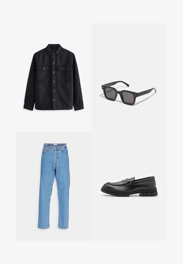 Navy Button-up-Hemd aus Baumwollstoff mit spitzem Kragen, zwei vorderen Taschen mit Klappen und braunen Knöpfen. Glatte Textur.; Weißes kurzärmeliges T-Shirt aus weichem Stoff. Rundhalsausschnitt, lockere Passform und einfaches Design ohne Verzierungen oder Muster.; Helle blaue, hoch-taillierte, gerade Jeans mit vorderem Knopf, Reißverschluss, Gürtelschlaufen und Fünf-Taschen-Design auf weißem Hintergrund.; Schwarze Lederloafer mit glatter Oberfläche, ausgestattet mit einem vorderen Riemendetail und einer klobigen Gummisohle mit gerippten Akzenten.; Schwarze rechteckige Sonnenbrillen mit dunklen Gläsern, die einen dicken Rahmen, subtile Akzente an den Seiten und keine sichtbaren Logos außer dem Markennamen aufweisen.