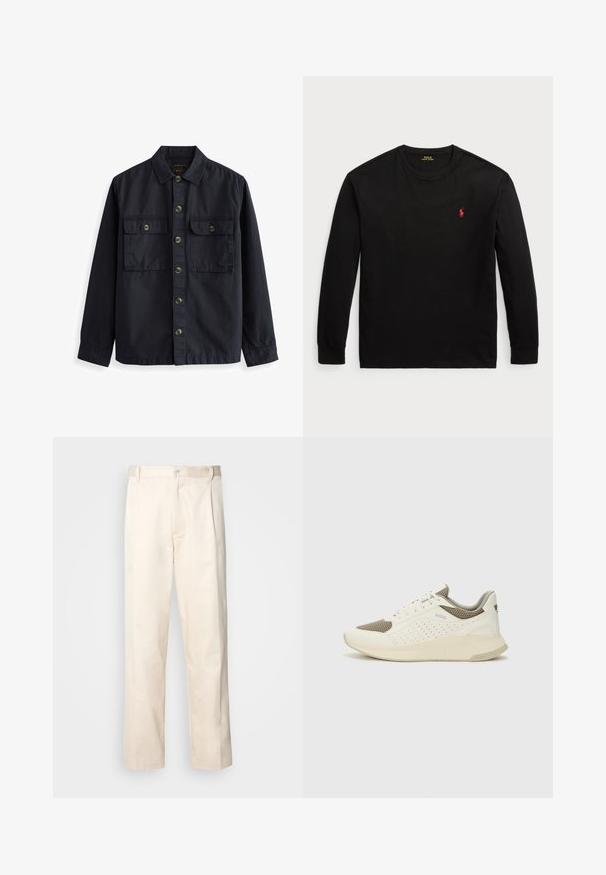 Cămașă căptușită de culoare bleumarin din material de bumbac, cu guler ascuțit, două buzunare frontale cu clapetă și butoane maro. Textură netedă.; Tricou negru cu mânecă lungă din bumbac. Are guler rotund, manșete ribbificate și un mic logo roșu brodat pe piept. Textură netedă.; Pantaloni din bumbac bej, cu croială dreaptă, dotati cu închidere cu nasture și pliuri în față pentru un plus de detaliu.; Tenis sportivi alb și bej deschis, cu un înveliș din plasă, detalii perforate și o talpă intermediară texturată, având marcaj pe călcâi.