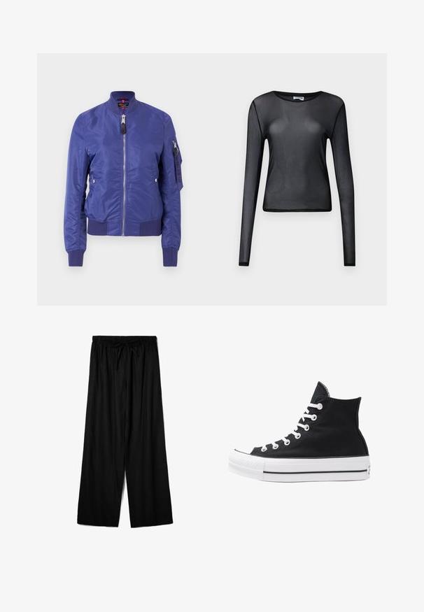 Jachetă bomber albastră din material neted, cu fermoar frontal, manșete ribbate și un buzunar utilitar cu fermoar pe mânecă.; Top lung cu mânecă lungă, de culoare neagră, fabricat dintr-un material transparent, având un gât rotund și o croială ajustată, cu margini fin finisate.; Pantaloni negri evazați dintr-un material ușor, cu un talie elastică și șnur pentru ajustarea dimensiunii. Textură netedă.; Tenisi negri înalți din pânză, cu ochiuri și sireturi albe, precum și talpă din cauciuc. Dispune de un capac texturat pentru degetul mare și accente în dungi alb-negru.