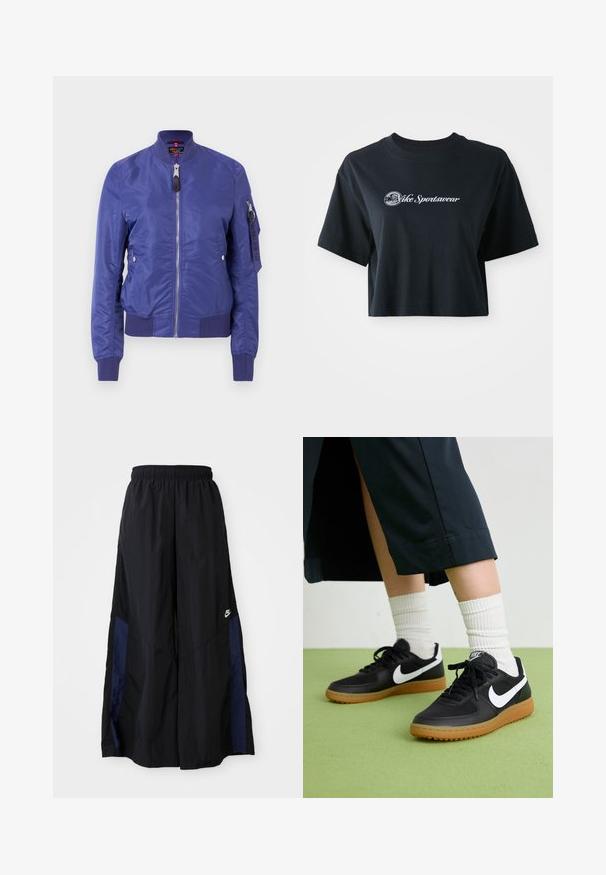 Blå bomberjakke laget av glatt stoff, med glidelås foran, ribbestrikkede mansjetter, og en nyttelomme med glidelås på ermet.; Kuttet svart bomull t-skjorte med korte ermer, med hvit tekst "Vice Sportswear" og en sirkulær grafikk på fronten.; Svarte vide bukser laget av lett stoff, med et marineblått sidestykke og elastisk midjebånd. Liten hvit logo nederst.; Sorte lær- og syntetiske joggesko med hvit Nike swoosh, gummisåle, rund tå og sorte lisser. Ribbet hvite sokker synlige.