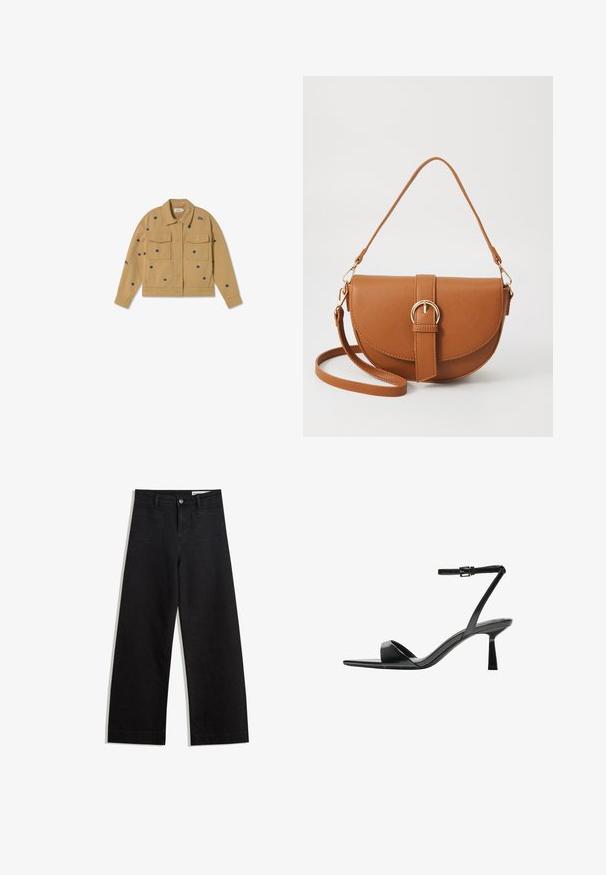 Tan denim jacket met twee voorzakken, versierd met marineblauwe bloemenborduring en het woord "SOL" bij de kraag, met knoopsluiting aan de voorkant.; Raglan mouw t-shirt in crème met donkerblauwe mouwen, met "ENGELENNUMMERS 912-412" gedrukt op de voorkant in het zwart. Katoenmengsel.; Zwarte denim broek met wijde pijpen en een hoge taille, voorzien van voor- en achterzakken, gestikte naden en een knoopsluiting. Gladde textuur.; Bershka Sandalen met hoge hak - black; Bruine leren schoudertas met een gebogen vorm, gouden hardware en een gespaccent. Bevat een afneembare schouderriem.