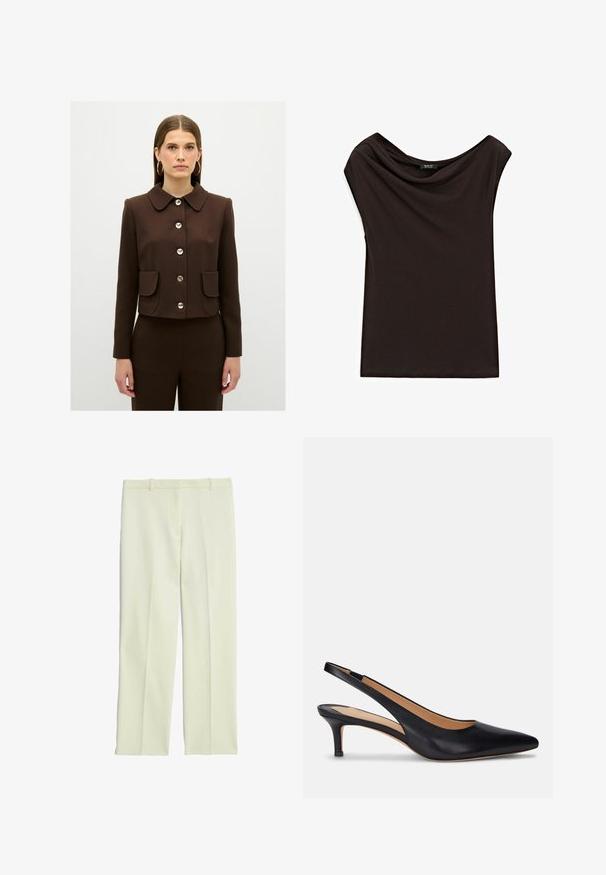 Bruine cropped jas met een ronde kraag, zilveren knopen en twee zakken aan de voorkant. Soepele textuur en op maat gemaakt ontwerp.; Zwarte, lichtgewicht top met een gedrapeerde halslijn en kapmouwen. Gladde textuur met een eenvoudig, ongeversierd ontwerp.; Crème-kleurige op maat gemaakte broek met een recht model, met een platte voorkant, riemlussen en een soepele textuur.; Zwarte leren slingback pump met een spitse neus, lage kittenhak en een gladde textuur. Heeft een open achterkant en minimale stikseldetails.