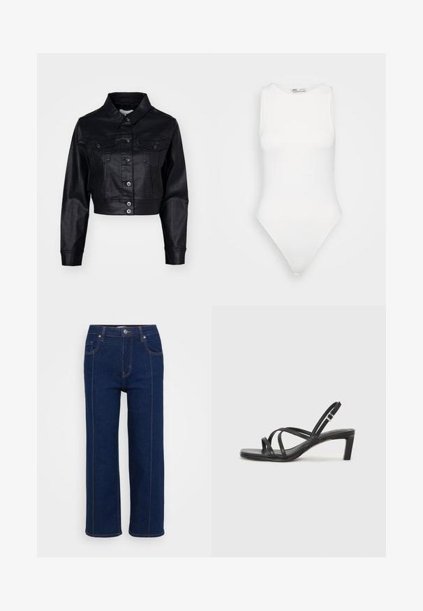 Must be faux nahk, nappa tüüpi must lühendatud teksajakk, millel on nööbid, kaks rinna taskut ja pikad varrukad, millel on kitsad mansetid.; Valge ilma varrukateta bodi kõrge kaelusega ja stripp-põhjaga. Sile tekstuur ja sobiv siluett, disainitud kehaigavaks väljanägemiseks.; Tumedad sinised sirged teksad nööp sulgemisega, esi- ja tagataskud ning nähtavad oranžid õmblused õmblustes.; Mustast rihmajalatsid ruudukujulise varba ja madala ploki kontsaga. Omab mitmeid õhukesi rihmasid ja reguleeritavat pahkluu rihma. Valmistatud siledast nahast.