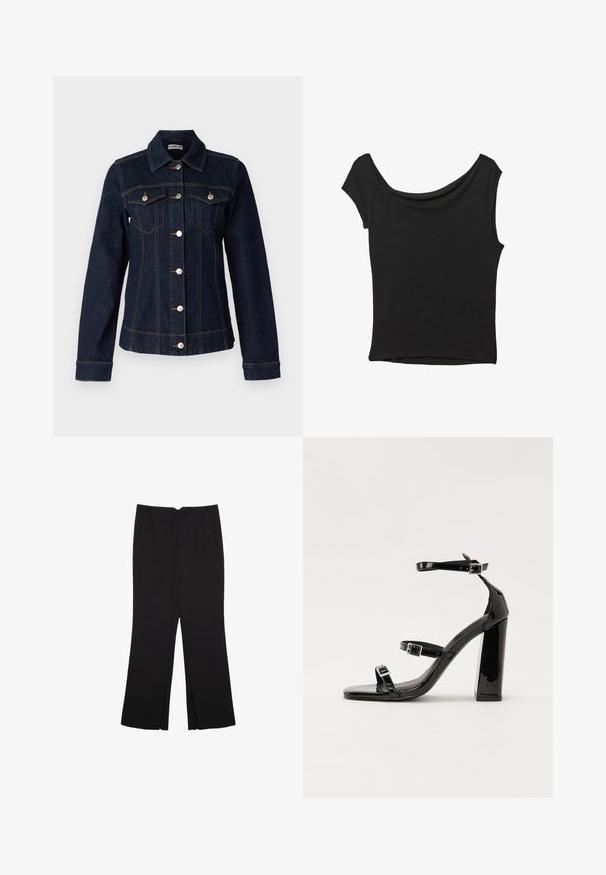 ONLY Tall ONLFREDERIKKE - Denimová bunda - dark blue denim; Čierny krátky rukáv top vyrobený z hladkej tkaniny; má prehnutý výstrih a asymetrický lem, s priliehavým telom.; Čierne nohavice so strihom rovného strihu, s prednými vreckami a bočnými rozparkami na leme. Vyrobené z mäkkej, hladkej tkaniny. Vhodné na rôzne príležitosti.; Čierne lakované sandále na podpätku so štvorcovou špičkou, navlečenými remienkami okolo členku a striebornými prackami. Disponujú masívnym blokovým podpätkom pre stabilitu.