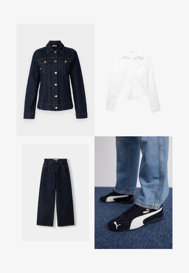 ONLY Tall ONLFREDERIKKE - Cowboyjakker - dark blue denim; Hvid langærmet tætsiddende skjorte til kvinder med krave, der har diskrete sømdetaljer og let buet kant.; Mørkeblå denim wide-leg jeans med høj talje, fem lommer, kontraststing og sølvfarvet metalbeslag. Glat overflade og pæn finish.; Sorte ruskinds sneakers med hvide detaljer og et guldlogo. Båret med lyseblå denimjeans og sat på en struktureret blå overflade.