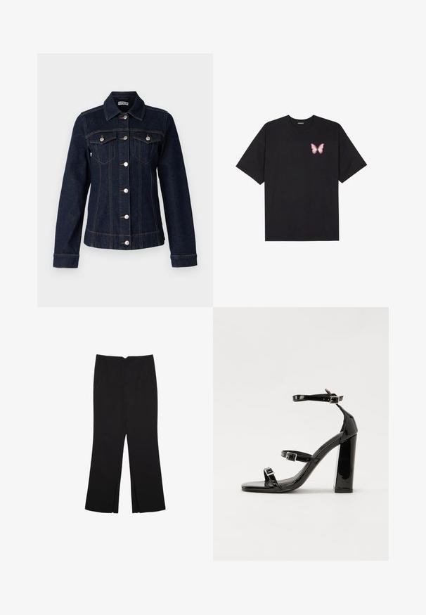 ONLY Tall ONLFREDERIKKE - Cowboyjakker - dark blue denim; Sort bomulds T-shirt med korte ærmer, prydet med en lille pink sommerfugl grafik på venstre bryst. Rund hals design med en afslappet pasform.; Sorte bukser med lige pasform, der har frontlommer og slidser i kanten. Lavet af blødt, glat stof. Velegnet til forskellige anledninger.; Sorte laklædersandaler med høje hæle, to spænderemme, firkantet tå og en kraftig blokhæl, der har en glat, blank overflade.