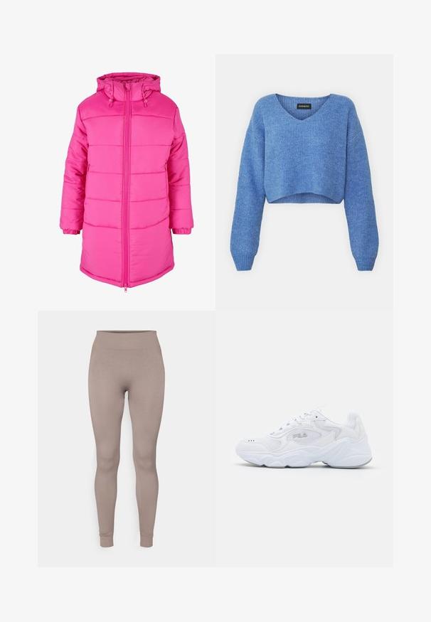 Rožinė pūkinė striukė su užtrauktuku priekyje, reguliuojama kapišonu ir elastinėmis rankogaliais. Paviršius yra sklandus, su siuvinėtomis detalėmis.; Mėlynas trumpas megztinis su V-formos iškirpte, rimtu tekstūru ir ilgomis rankovėmis. Pagamintas iš minkštos medžiagos. Etiketė: even&odd.; Ribotos leggingai švelnios taupe spalvos, su aukštu juosmeniu, lieknu siluetu ir siaurėjančiais kulkšnais. Pagaminti iš tekstūruoto, tamprios medžiagos.; Balta sportinė avalynė su tekstūruota tinkleliu viršuje, paminkštintu auliuku ir storu padu. Yra logotipas šone ir raištelių užsegimas.