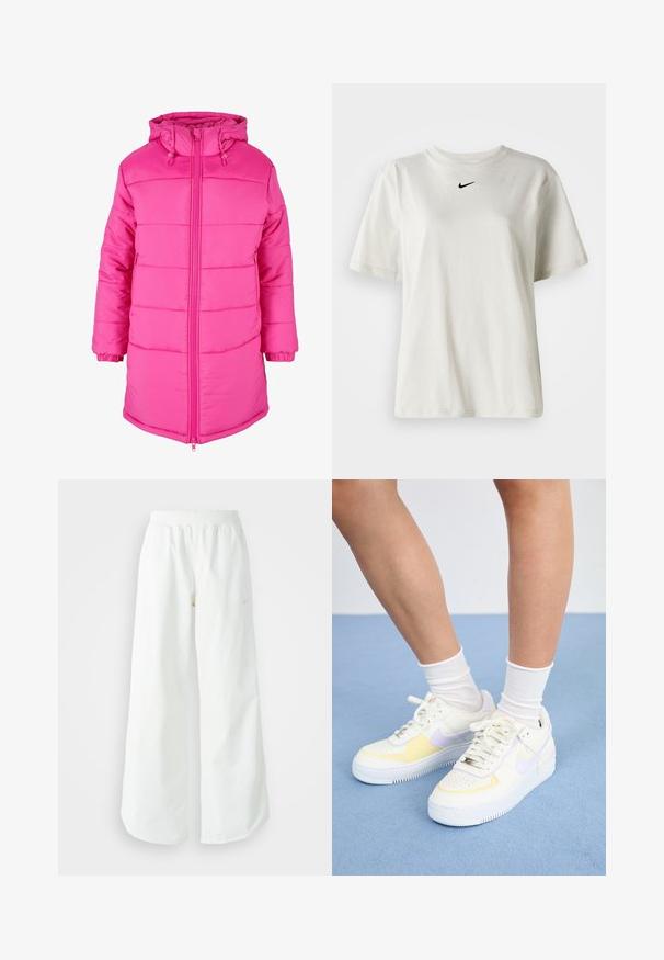 Rožinė pūkinė striukė su užtrauktuku priekyje, reguliuojama kapišonu ir elastinėmis rankogaliais. Paviršius yra sklandus, su siuvinėtomis detalėmis.; Balta medvilnė marškinėliai su apvaliu kaklu ir trumpomis rankovėmis. Priekyje yra mažas juodas Nike logotipas. Paprastas ir nepuošnus dizainas.; Balti sportiniai keliai su platėjančiomis kojomis, su įtemptu juosmeniu ir subtilia logotipo detale. Lygus audinys, laisvas kirpimas ir siaurėjantis apatinis kraštas.; Baltos odinės sportbačiai su geltonais ir levandų akcentais, apvaliu pirštu, plokščiomis raišteliais ir tekstūruota guma. Dėvimi su baltais kojinėmis.