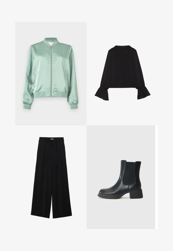 Šviesiai žalia satino bomberio striukė su priekiniais užtrauktukais, įlinktu kaklu, rankogaliais, juosmeniu ir dviem šoninėmis kišenėmis.; Juoda ilgomis rankovėmis palaidinė su išsiplėtusiais rankogaliais, minkšta tekstūra ir laisva forma, su paprastu apvaliu kaklu.; Juoda plačių kojų kelnės, pagamintos iš tekstūruoto audinio, su elastingu juosmeniu ir atsegamu diržu juosmenyje, leidžiančiu reguliuoti dydį.; Juodos odinės kulkšninių botai su elastingais šonais, suapvalintu bato pirštu ir žemu bloko kulnu. Paviršius yra lygus ir turi minimalų dekoravimą.