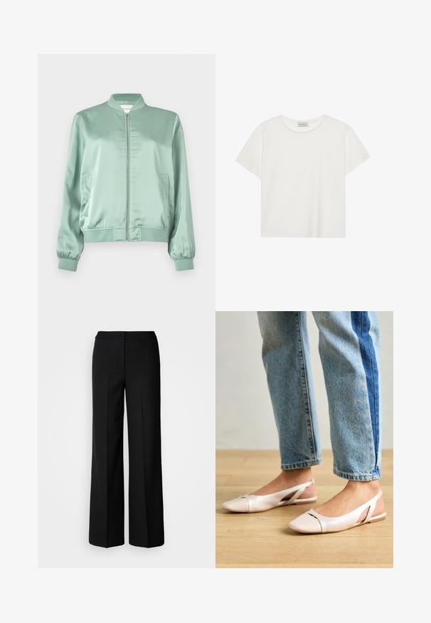 Lys grønn sateng bomberjakke med frontglidelås, ribbet krage, mansjetter, liv, og to sidelommer.; Hvit T-skjorte med kort erm laget av myk bomull. Har rund hals og avslappet passform. Rent design uten synlige mønstre eller aksenter.; Svarte vide bukser med et glatt stoff, med høy livvidde, skreddersydde sømmer og et minimalistisk design. Ingen synlig maskinvare eller lommer.; Lys rosa slingback leiligheter med spiss tå, laget av et glatt, læraktig materiale. Har utskjæringer på sidene og lav hæl.