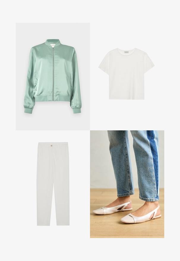 Lys grønn sateng bomberjakke med frontglidelås, ribbet krage, mansjetter, liv, og to sidelommer.; Hvit T-skjorte med kort erm laget av myk bomull. Har rund hals og avslappet passform. Rent design uten synlige mønstre eller aksenter.; Hvite, skreddersydde bukser med rette ben, med knapplukking, beltehemper og sidelommer; glatt tekstur.; Lys rosa slingback leiligheter med spiss tå, laget av et glatt, læraktig materiale. Har utskjæringer på sidene og lav hæl.