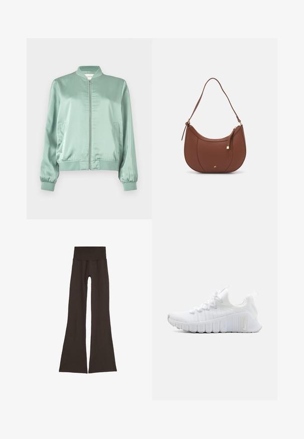 Világos zöld selyem bomberdzseki elülső cipzárral, bordás gallérral, mandzsettával, derékrésszel és két oldalsó zsebbel.; Barna, hosszú ujjas, átkötős felső mély V-nyakkal és oldalsó kötőelemmel. Puha, rugalmas anyagból készült, sima textúrával.; Sötétbarna harangszárú leggings széles, bordázott derékpánttal. Puha, rugalmas anyagból készült, sima kialakítással, látható fémrész nélkül.; Fehér sportcipő, textúrált felsőrésszel, lapos fűzőzáródással és kiemelkedő gumitalppal, amelyen függ вертикális barázdák találhatóak. Az oldalán logó van.; Barna műbőr válltáska ívelt formával, minimális varrással és arany színű kiegészítőkkel. Jellemzője a felső cipzáras záródás és állítható pánt.