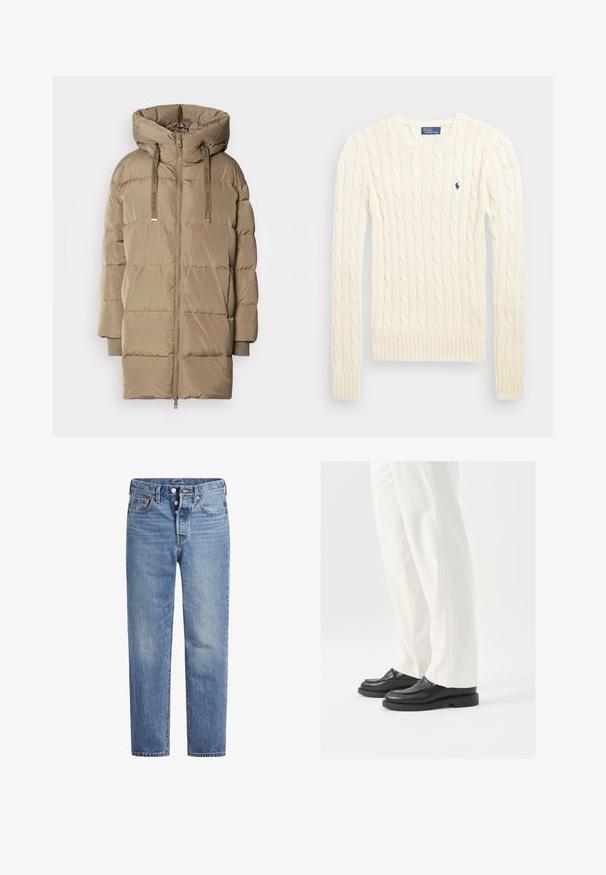 Abrigo acolchado con capucha en color beige claro, con cremallera frontal y cordón ajustable. Presenta un diseño de acolchado seccionado y puños de canalé.; Suéter crema de punto trenzado con manga larga, puños y dobladillo acanalados, que presenta un pequeño logo bordado en el lado izquierdo del pecho.; Jeans de mezclilla azul claros con corte recto, diseño de cinco bolsillos y cierre de botón. Presentan un ligero desvanecimiento y acentos de costura en naranja.; Mocasines de cuero negro con una textura suave, detalles de costura y punta redondeada, combinados con pantalones blancos ajustados.