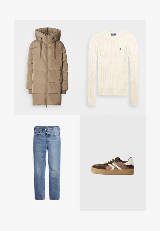 Pufota kapuce mīkstā bezkrāsā ar priekšējo rāvējslēdzēju un regulējamām auklām. Iezīmēta ar atdalītu izšūšanas dizainu un ribētām piedurknēm.; Krems krāsas adīts džempers ar garām piedurknēm, ribotām aprocēm un apakšmalu, ar nelielu izšūtu logotipu kreisajā krūtī.; Gaiši zila džinsu bikses ar taisnu griezumu, piecu kabatu dizainu un poga aizdari. Iespējamas nelielas izbalēšanas un apelsīnu diegu akcenti.; Brūni un krēmkrāsas tenisi ar suede un satīna materiālu kombināciju, ar trim diagonālām svītrām un strukturētu gumijas zoli.