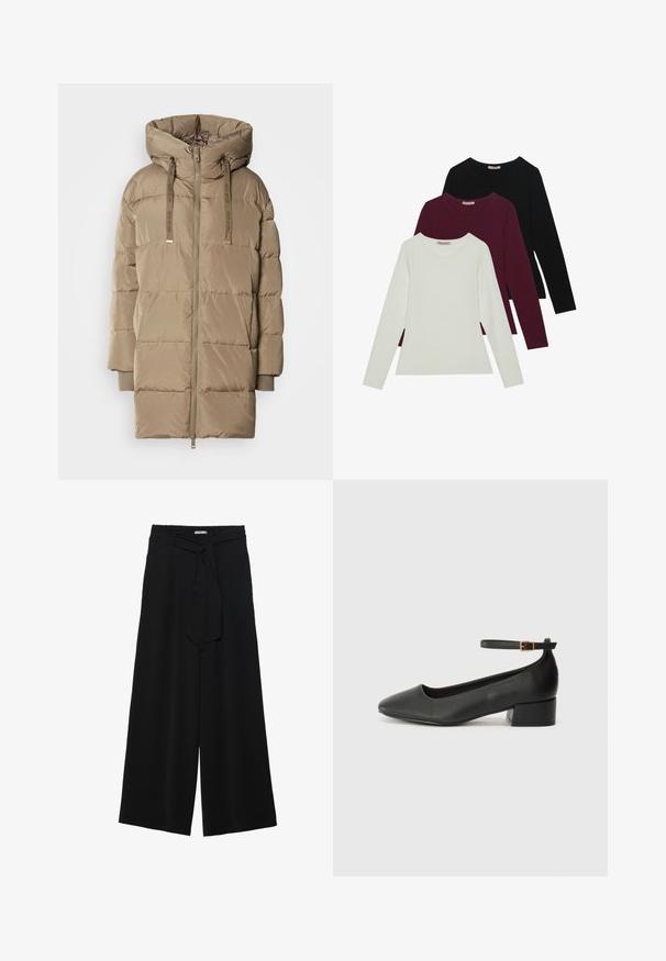 Polstret hettejakke i lys beige med glidelås foran og justerbar snor. Har segmentert quiltedesign og ribbede mansjetter.; Langermede t-skjorter i hvit, burgunder og svart. Laget av myk stoff med rund hals og tettsittende design. Egnet for lag-på-lag-styling.; Svart vide bukser med teksturert stoff, elastisk midje og avtagbart belte som gir justerbar passform.; Sorte skinnpumper med spiss tå og lav blokkhelt. Har ankelrem med gullfarget spenne. Glatt tekstur.