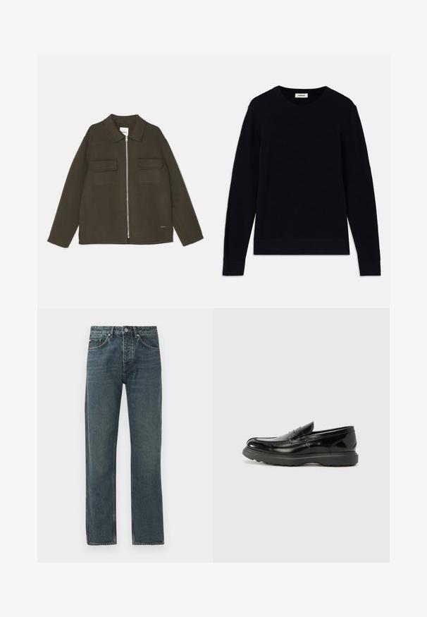 Olivgrön jacka gjord av ett mjukt tyg, med dragkedjestängning, spetsig krage och två bröstfickor med lockdetaljer.; Marinblå långärmad tröja med ett strukturerat stickmönster och ribbade ärmslut och nederkant. Rundad halsringning; etikett i mitt bakhals.; Mörkblå denimjeans med rak bendesign, som har fem fickor, knappstängning och kontrasterande sömnadsdetaljer.; Svart läderloaferskor med en glänsande yta, rund tå, diskreta söm detaljer och en tjock gummisula för hållbarhet.