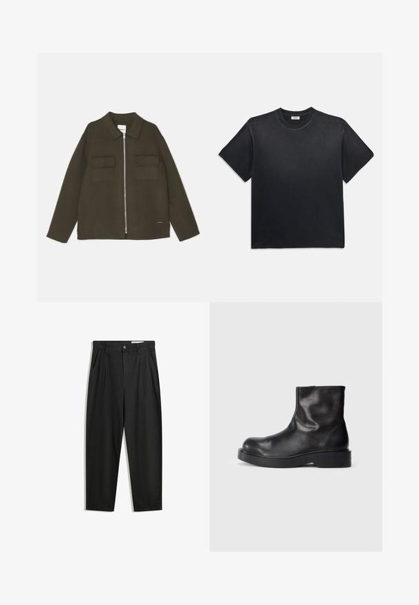 Olivově zelená bunda vyrobená z měkkého materiálu, s zipovým uzávěrem, špičatým límcem a dvěma náprsními kapsami s klopami.; Černé bavlněné tričko s kulatým výstřihem a krátkým rukávem. Má uvolněný střih, hladkou strukturu a minimalistický design.; Černé bavlněné kalhoty s uvolněným střihem, klasickým pasem, předními záhyby a bočními kapsami. Hladká textura bez vzorů.; Černé kožené kotníkové boty s kulatou špičkou, hladkou texturou a robustní černou gumovou podrážkou. Minimalistický design bez viditelného kovového kování.