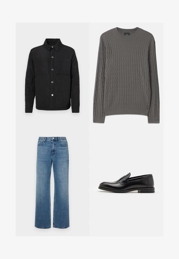 Juodas paminkštintas švarkas su mygtukų užsegimu, dviem krūtinės kišenėmis ir apykakle. Pagamintas iš lygaus audinio su matinio paviršiaus apdaila.; Armani Exchange Džemperis - dark gull zig zag; Platus blaujos džinsai, pagaminti iš dėvėtos džinsinio audinio. Sukurtas su penkiomis kišenėmis, priekiniais sagčių uždarymu ir tiesiu kirpimu.; Juodos odinės loafers, turinčios lygų paviršių, apvalią noselę ir dekoratyvinę juostą per priekinę dalį. Žemas krentantis kulnas, minimalistinis dizainas.