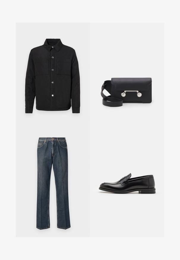 Črna podložena jakna z gumbom na sprednji strani, dvema žepoma na prsih in ovratnikom. Narejena iz gladkega blaga z mat koncem.; Krema barve pletena jopica s polo ovratnikom, rebrastimi manšetami in robom, ki ima sprednji zadrgo in mehak tekstur.; Temno modra kratka majica s kratkimi rokavi z belim napisom "neanche per sogno" sredi prsnega dela, okrogli izrez, velikost srednja.; Temno modri traper hlače ravnega kroja z gumbom spredaj, zadrgo, dvojnimi sprednjimi žepi in vidnimi navpičnimi gubami po nogah.; Črne usnjene loafer čevlje z gladko teksturo, zaobljenim nosom in dekorativnim trakom čez zgornji del. Nizka zložena peta, minimalističen dizajn.; Črna usnjena torbica za čez ramo z zapiranjem na preklop, srebrnimi dodatki in dvema okroglima okrasoma. Ima snemljiv trak. Gladka tekstura.