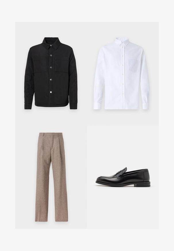 Crna podložena jakna s kopčanjem na gumbe, dva džepa na prsima i ovratnikom. Izrađena od glatkog materijala s mat finishom.; Bijela košulja s dugim rukavima na dugme, izrađena od pamuka, s džepom na prsima s ton-sur-ton vezom, ovratnikom i dugmadi na manžetama.; Smeđe, hlače viskog struka od teksturiranog materijala. Imaju široke nogavice i dva prednja pregiba za strukturu. Uređen završetak bez vidljivih metalnih dijelova.; Crni kožni mokasini s glatkom teksturom, zaobljenim prstima i ukrasnom trakom preko prednjeg dijela. Niski slojeviti potplat, minimalistički dizajn.