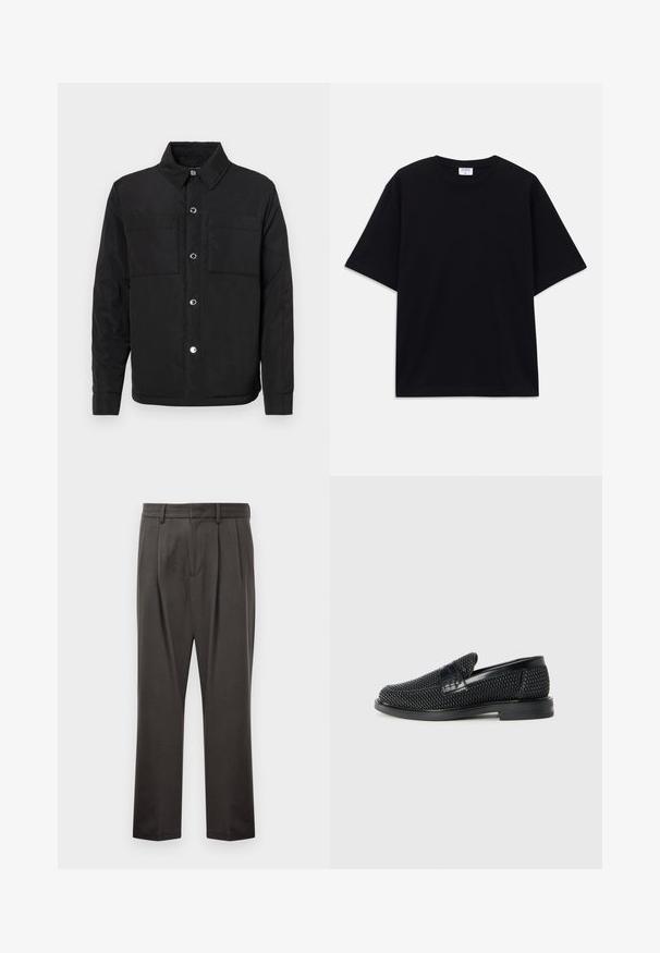 Must mustärge jope, millel on nööpidega esikülg, kaks rinna taskut ja krae. Valmistatud siledast kangast, millel on mati viimistlus.; Must t-särk, lühikeste varrukatega, üle mõõdu, ümmarguse kaelusega ja nähtava Filippa K brändi sildiga kaelas.; Tumedashallased püksid, mis on valmistatud tekstuuriga kangast, lame esiosa, voldid, sirged jalad ja vöökohastab. Pole nähtavat riistvara ega mustreid.; Must musta kootud slip-on king, millel on pehme nahast accent ülaserval, ümmargune varvas ja madal profiiliga kummitald.