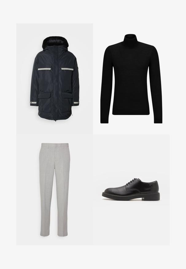 Ναυτικό μπλε parka μπουφάν με κουκούλα επενδεδυμένη με γούνινη επένδυση, ασημένιες ανακλαστικές λωρίδες, δύο μπροστινές τσέπες με καπάκι και ελαστικούς σφιγκτήρες στους καρπούς με ρυθμιζόμενους ιμάντες.; Μαύρο πουλόβερ σταυρωτό λαιμό, φτιαγμένο από μαλακό υλικό, με μακριά μανίκια και εφαρμοστή γραμμή. Ριγωτή λεπτομέρεια στο τελείωμα και στους καρπούς. Απλός σχεδιασμός.; Ανοιχτό γκρι παντελόνια με λεία υφή, επίπεδο μπροστινό μέρος και ίσιες γραμμές. Κατασκευασμένα από αναπνεύσιμο ύφασμα, διαθέτουν εσωτερικές τσέπες και θηλιές για ζώνη.; Μαύρο δερμάτινο παπούτσι με κορδόνια, με στρογγυλή μύτη, λεία υφή, ελάχιστη ραφή και χαμηλή καουτσούκ σόλα. Λογότυπο στη σόλα.