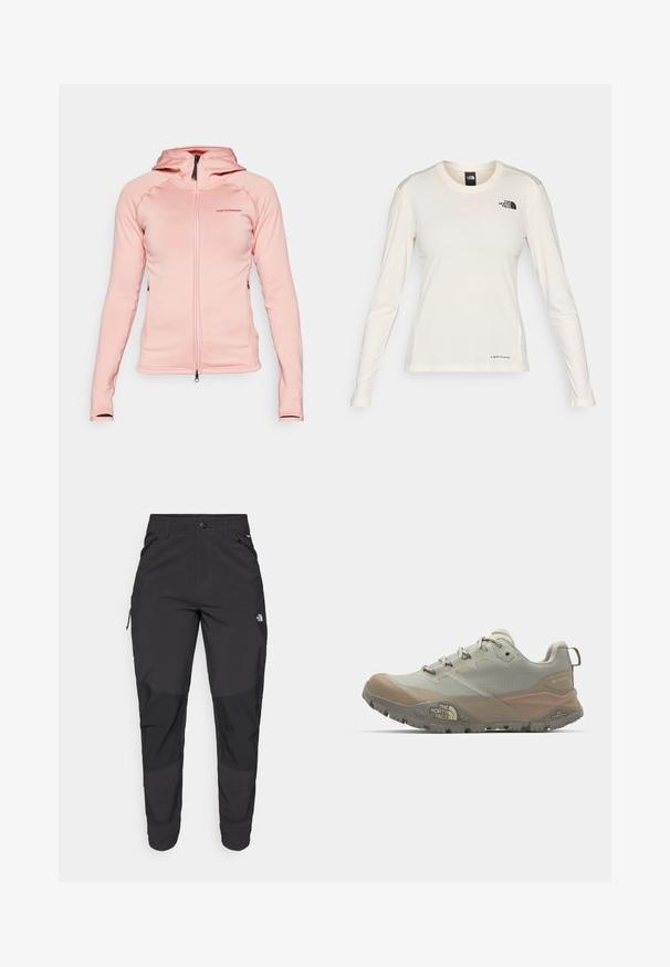 Peak Performance FLO CHILL LIGHT ZIP - Polárdzseki - warm blush; The North Face SHADOW LONG SLEEVE - Hosszú ujjú felső - white dune; Fekete kültéri nadrág tartós anyagból. Cipzáros zsebekkel, megerősített térdpanellel és egyenes szabással a mozgékonyságért.; Világosszürke sportcipő bézs kiegészítőkkel, szintetikus anyagból készült. Jellemzője a strapabíró talp, fűzős kialakítás, és a logó az oldalon.
