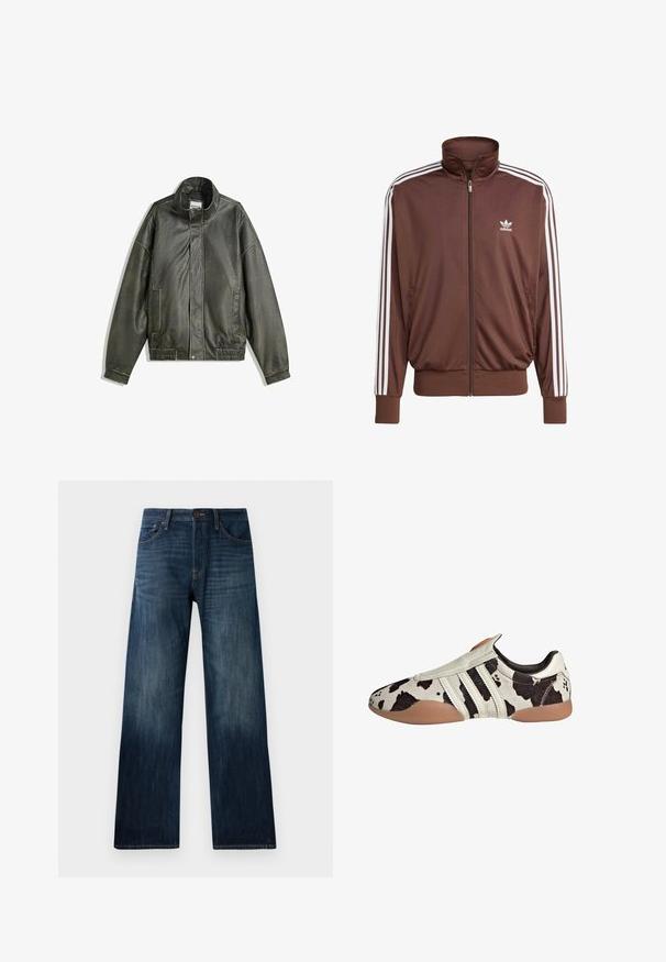 Ciemnozielona skórzana kurtka z wysokim kołnierzem, zapięciem na zamek, dwoma przednimi kieszeniami, elastycznym paskiem w talii oraz gładką fakturą.; Brązowa kurtka sportowa z poliestru z białymi paskami po bokach, wysokim kołnierzem, przednim zamkiem błyskawicznym i logo Adidas na lewej piersi. Posiada dwie boczne kieszenie.; Trzy białe topy na ramiączkach wykonane z prążkowanej bawełny. Każdy z okrągłym dekoltem i małą metką z logo przy dolnym brzegu. Klasyczny, prosty design.; Ciemnoniebieskie dżinsy z prostymi nogawkami, charakteryzujące się lekką teksturą, szlufkami na pasek oraz klasycznym pięciopocketowym stylem.; Czarno-białe skórzane buty w wzory z teksturowanym wykończeniem, z trzema białymi poziomymi paskami i brązową gumową podeszwą.
