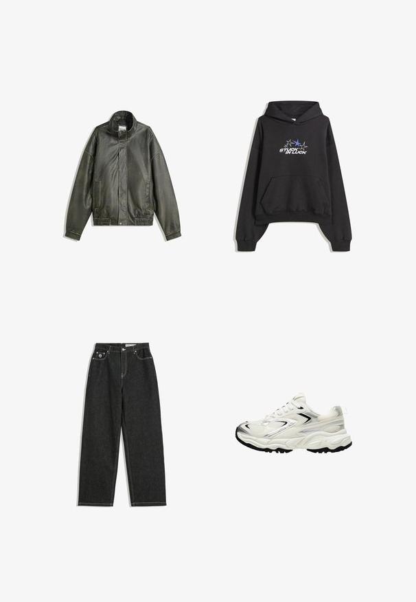 Tmavě zelená kožená bunda s vysokým límcem, zapínáním na zip, dvěma předními kapsami, elastickým pasem a hladkým povrchem.; Černá mikina s kapucí, přední kapsou, žebrovanými manžetami a grafickým textem "ZASEKLÍ VE ŠTĚSTÍ" pod pěti hvězdami, z nichž jedna je modrá, na prsou.; Černé džíny rovného střihu s bílým prošíváním, design se pěti kapsami, zapínání na knoflík a zip a malé logo na přední pravé kapse.; Bílé tenisky s textilním svrškem, stříbrnými detaily, černou podešví a strukturovanými panely. Obsahují šněrovací design a zaoblený tvar špičky.