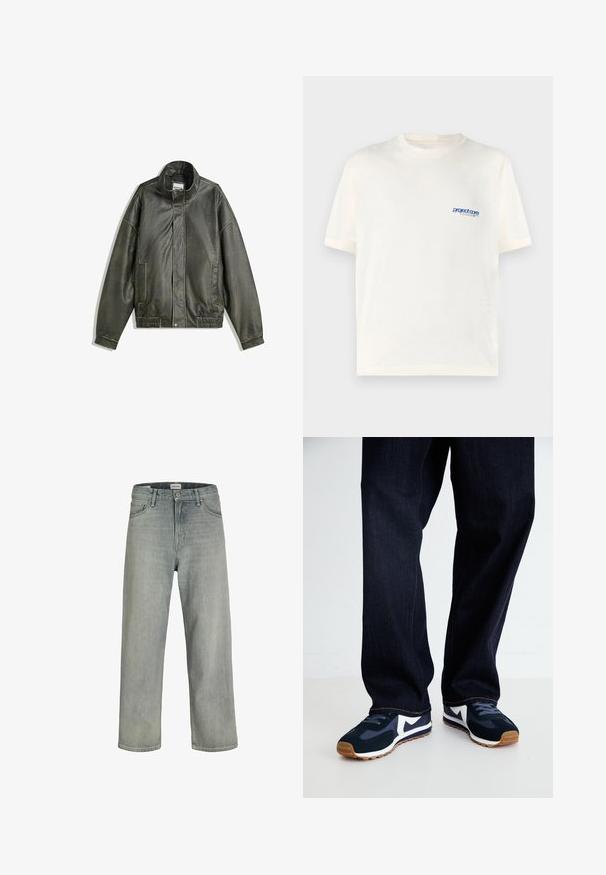 Tamnozelena kožna jakna s visokim ovratnikom, patentnim zatvaračem, dva prednja džepa, elastičnom pojasu i glatkom teksturom.; Kratka krem majica s kratkim rukavima od mekog pamuka, sa malim plavo printanim logom na lijevoj strani grudi. Klasičan dizajn s O izrezom.; Svijetlosive, široke traperice napravljene od denima. Imaju klasičan dizajn s pet džepova, petlje za remen i ravni kroj nogavica.; Morske i bijele sportske cipele s teksturiranim gornjim dijelom, vezicama i gumenenim potplatom, uparen s tamnim trapericama s narančastim šavovima.