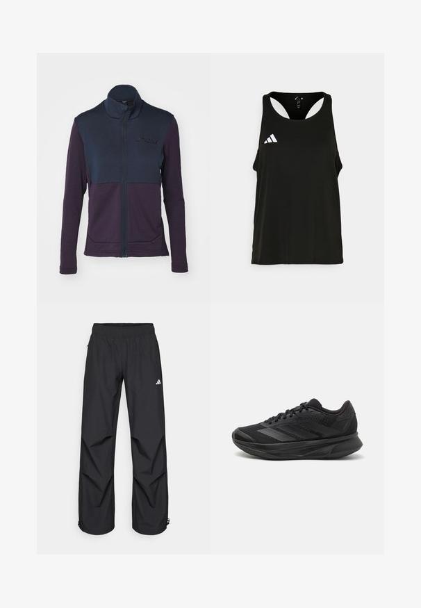 adidas Terrex MULTI FULL ZIP JACKET - Giacca in pile - aurora black; Canottiera sportiva nera con scollatura tonda e design aperto sulla schiena. Presenta un logo Adidas bianco sulla parte sinistra del petto. Tessuto morbido e leggero.; Pantaloni neri, leggeri, impermeabili, con vita elasticizzata, tasche laterali e polsini regolabili. Presentano un logo bianco sulla coscia sinistra.; Scarpa da corsa nera con tomaia in rete traspirante, punta rotonda, design elegante, dettagli testurizzati e suola ammortizzata per il comfort.