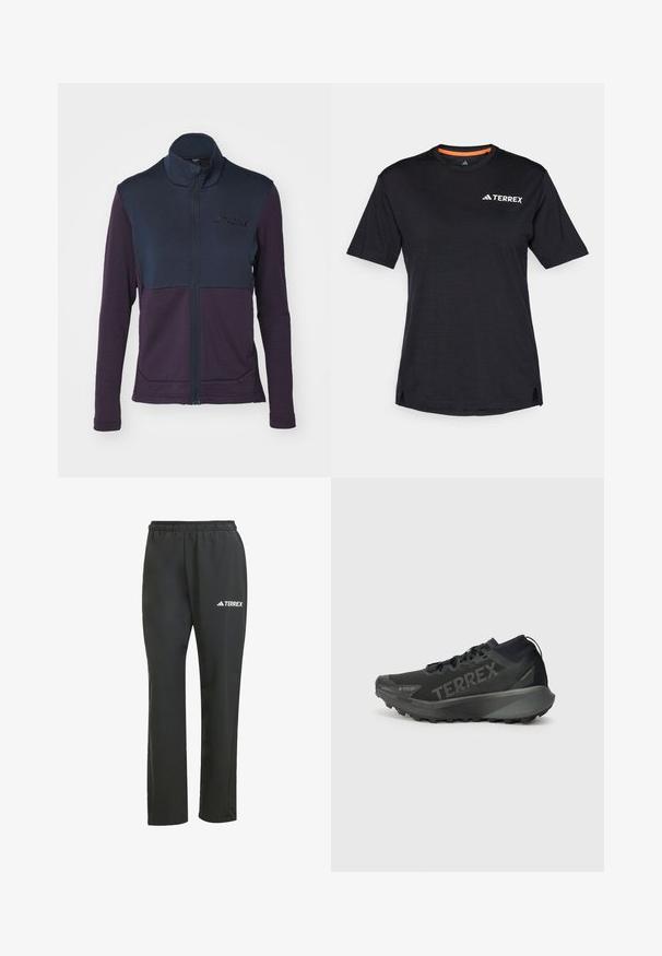 adidas Terrex MULTI FULL ZIP JACKET - Jakna od flisa - aurora black; Crna majica kratkih rukava s okruglim izrezom, koja ima suptilnu melirani teksturu i bijeli logo "TERREX" na gornjoj lijevoj strani.; Crne lagane hlače s elastičnom trakicom u struku. Imaju suptilan bijeli “TERREX” logo. Glatka tkanina i ravni kroj.; Crne Terrex trkačke cipele s teksturiranim gornjim dijelom, čvrstim potplatom i istaknutim brendiranjem. Imaju jastučen petni dio za podršku i prianjanje.