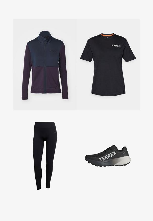 adidas Terrex MULTI FULL ZIP JACKET - Giacca in pile - aurora black; T-shirt nero a maniche corte con scollo rotondo, caratterizzato da una leggera texture mélange e dal logo bianco "TERREX" sul lato superiore sinistro.; Leggings sportivi neri realizzati in tessuto elasticizzato, con vita alta, design aderente e polsini a coste alle caviglie. Logo del marchio discreto.; Scarpe da corsa nere con una parte superiore testurizzata, prominente logo "TERREX" in bianco, design del suola affusolato e un accento grigio sfumato sul tallone.